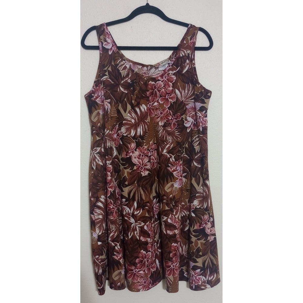 Hilo Hattie Hawaiian Original Floral Monstera Shift Dress Brown Mauve Large